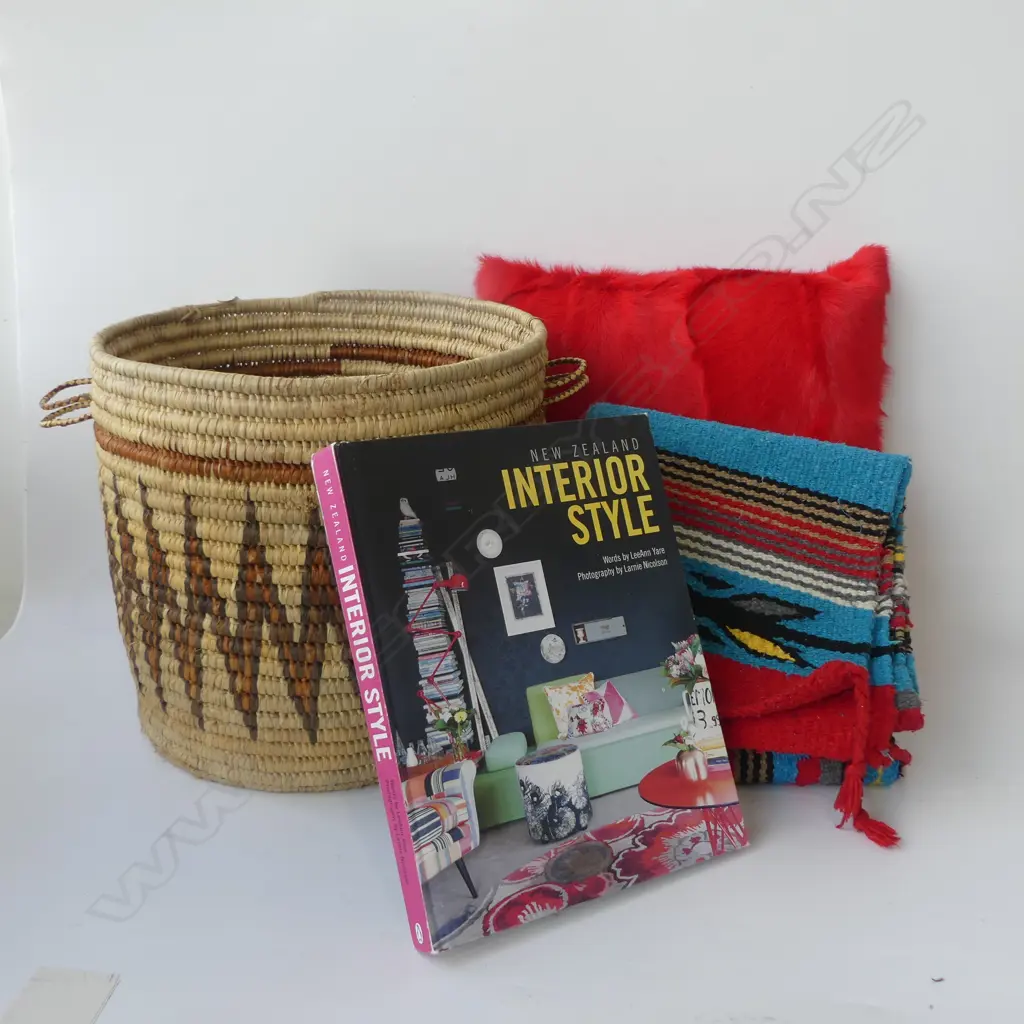 2 WOVEN BASKETS, RUG, RED HIDE CUSHION ETC Image 1++