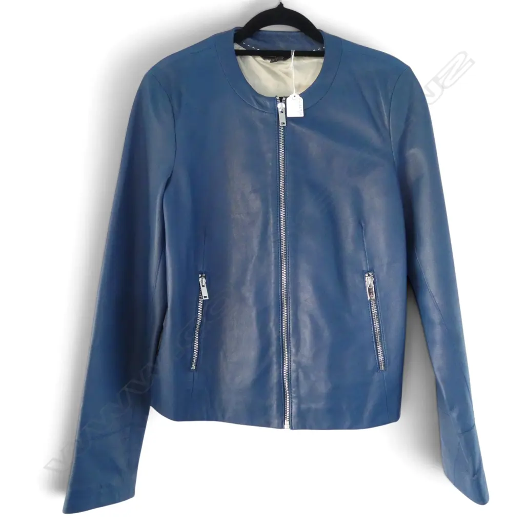 MASSIMO DUTTI BLUE LEATHER JACKET ‘AS NEW’ PURCHASED 5TH AVE N.Y., SIZE EUR S (NZ8/10) L.590mm Image 1++