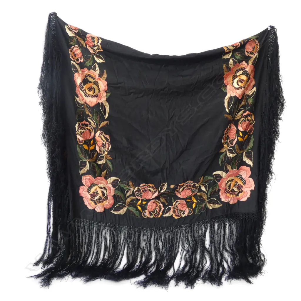 VINTAGE BLACK SILK SHAWL FEATURING VIBRANT PEACH EMBROIDERY AND LONG FRINGED HEM. 800x900mm excl fringe Image 1++