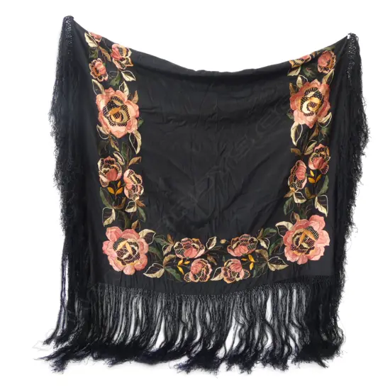 VINTAGE BLACK SILK SHAWL FEATURING VIBRANT PEACH EMBROIDERY AND LONG FRINGED HEM. 800x900mm excl fringe