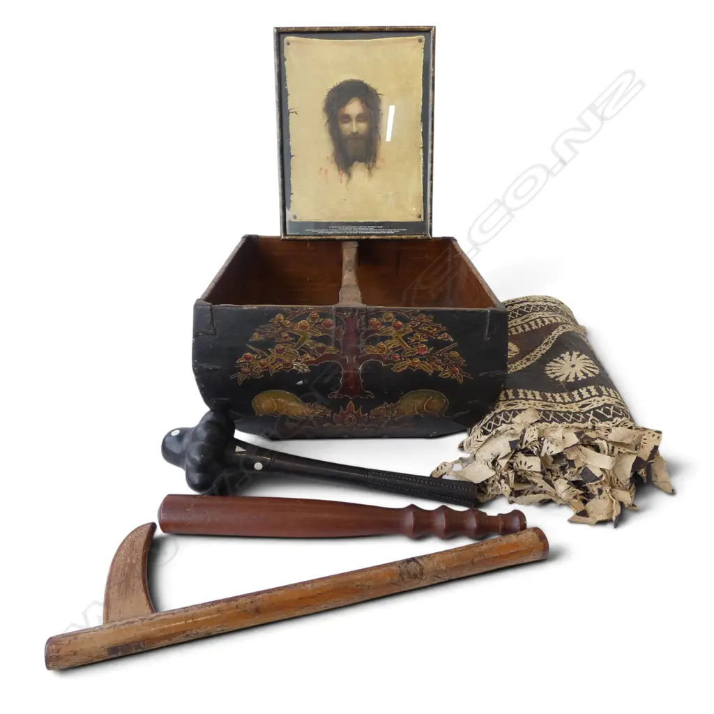 WOODEN BUCKET, 3 WOODEN CLUBS, TAPA CLOTH, JESUS PRINT Image 1++