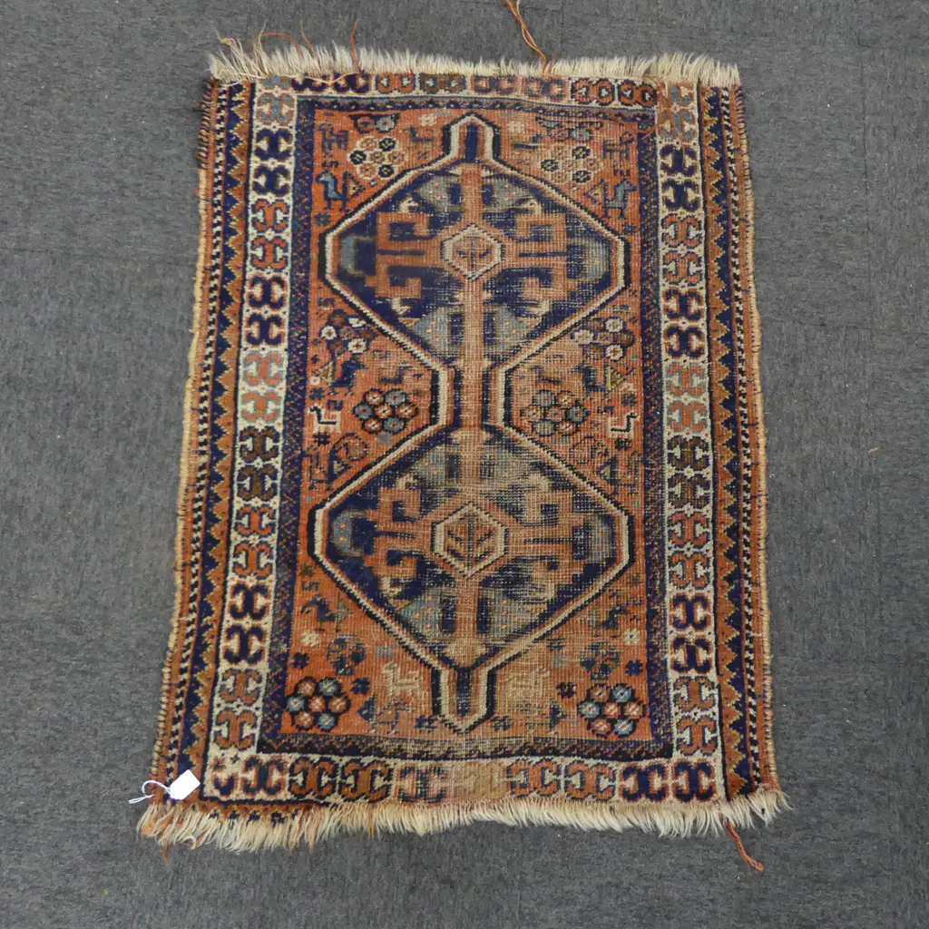 VINTAGE HAND KNOTTED ALL WOOL KHAMSEH RUG loose fringe 1060x820mm Image 1++