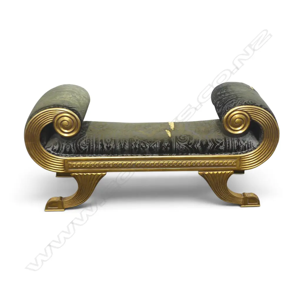 NEOCLASSICAL STYLE GILTWOOD AND BENCH/WINDOW SEAT WITH ORNATE SCROLLED ENDS AND CARVED FEET. 1240x 560mm Image 1++