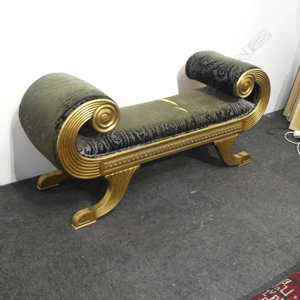 NEOCLASSICAL STYLE GILTWOOD AND BENCH/WINDOW SEAT WITH ORNATE SCROLLED ENDS AND CARVED FEET. 1240x 560mm Image 1++