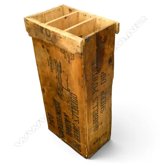 WOODEN QUIBELL'S POWDER SHEEP DIP BOX AUCKLAND 365x235x735mm