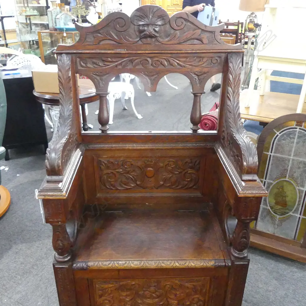 ANTIQUE OAK MONKS CHAIR C.1900 750x430x1310mm central spindle absent Image 1++