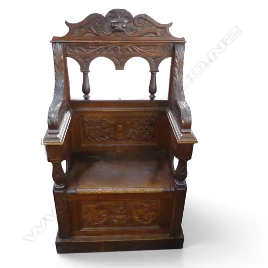 ANTIQUE OAK MONKS CHAIR C.1900 750x430x1310mm central spindle absent
