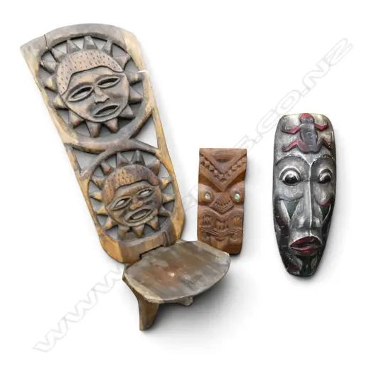 3 WOODEN ITEMS; 2 MASKS + AFRICAN BIRTHING CHAIR