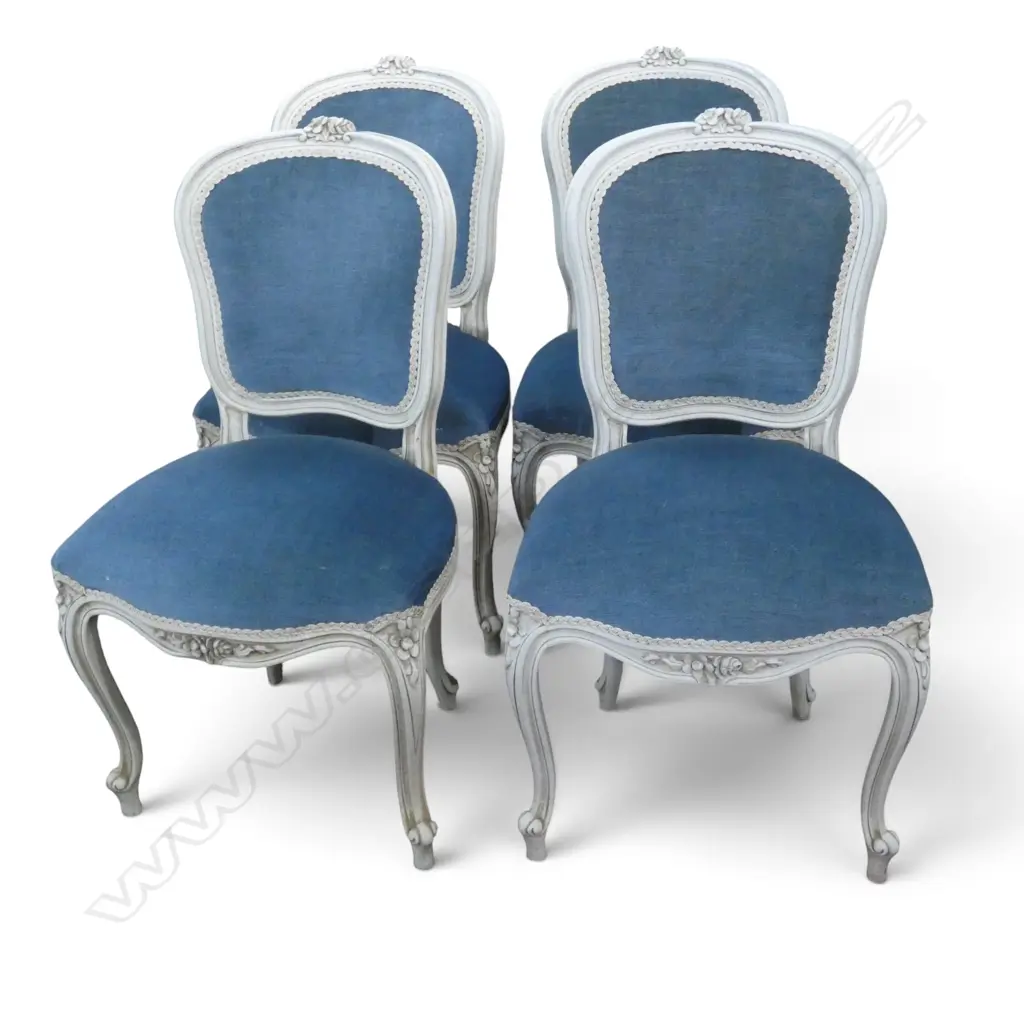 4 FRENCH STYLE DINING CHAIRS, BLUE VELVET UPHOLSTERY Image 1++