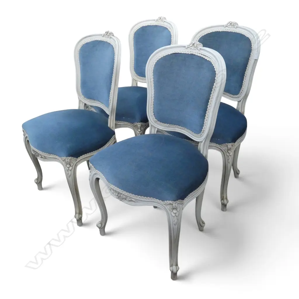 4 FRENCH STYLE DINING CHAIRS, BLUE VELVET UPHOLSTERY Image 1++