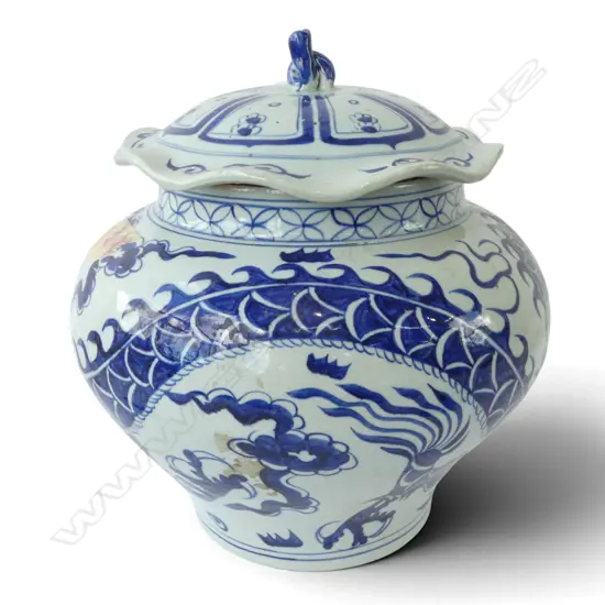 ORIENTAL B/W LIDDED CONTAINER, DRAGON DECORATION H.360mm