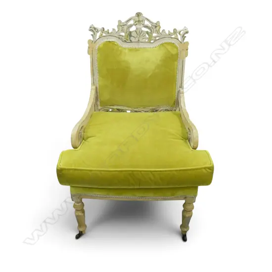 VINTAGE ARMCHAIR w. PAINTED CARVED WOODEN FRAME & GREEN VELVET UPHOLSTERY