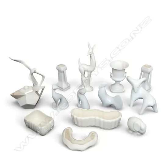 14 WHITE CERAMICS; VASES (SOME AF), 7 ANIMALS H.365mm  ETC