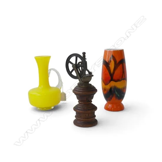 2 VASES; POOLE H.220mm & YELLOW GLASS, PEPPER GRINDER