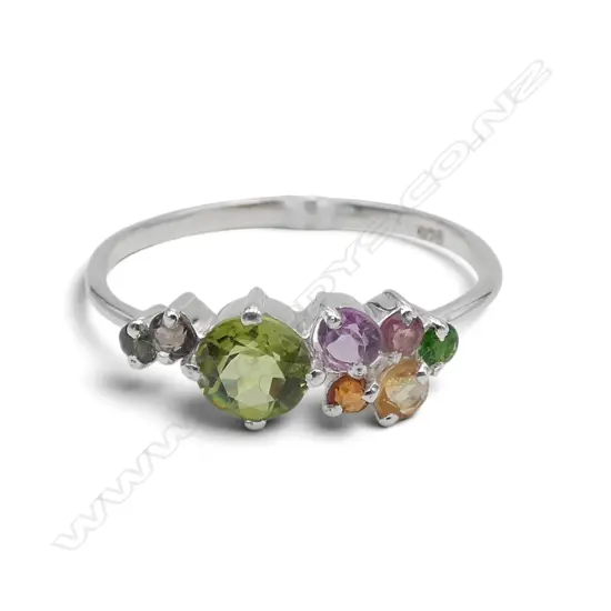 SILVER MULTI  COLOURED GEM RING SIZE R