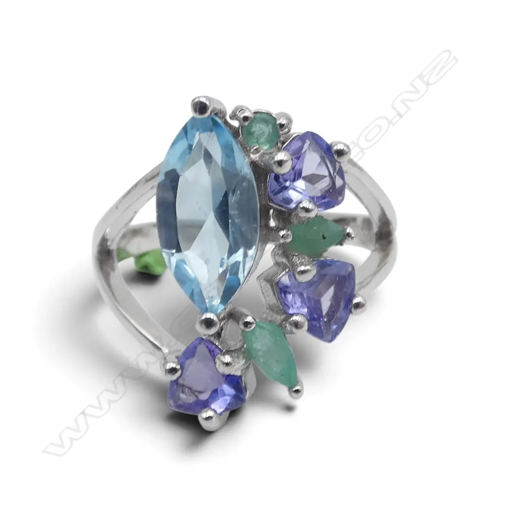 SILVER EMERALD, TANZANITE & BLUE TOPAZ RING SIZE Q Image 1++