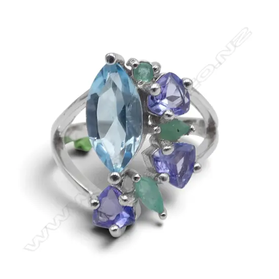 SILVER EMERALD, TANZANITE & BLUE TOPAZ RING SIZE Q