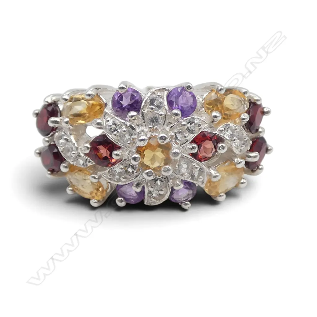 SILVER  COLOURED GEM CLUSTER RING, SIZE P1/2 Image 1++