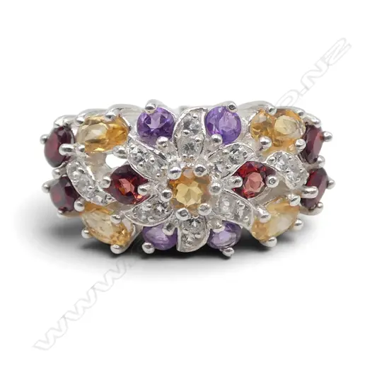 SILVER  COLOURED GEM CLUSTER RING, SIZE P1/2
