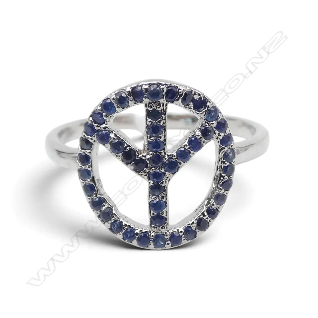 SILVER SAPPHIRE PEACE RING SIZE Q Image 1++
