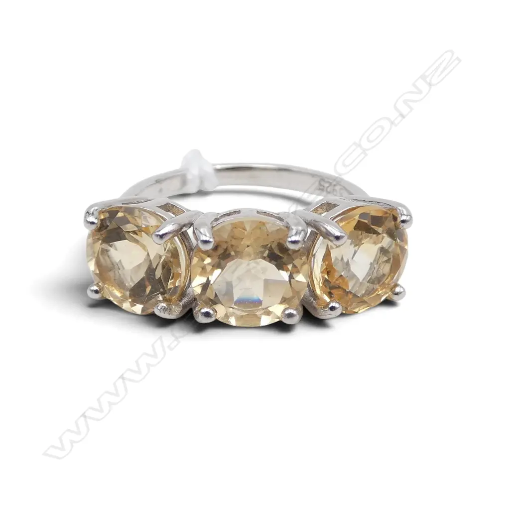 SILVER THREE STONE CITRINE RING SIZE P Image 1++