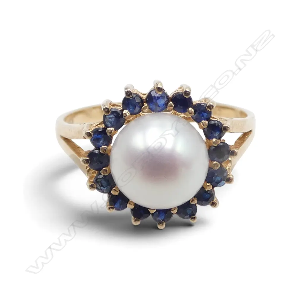 14ct YELLOW GOLD SAPPHIRE & cultured PEARL CLUSTER RING 2.7gm SIZE N Image 1++