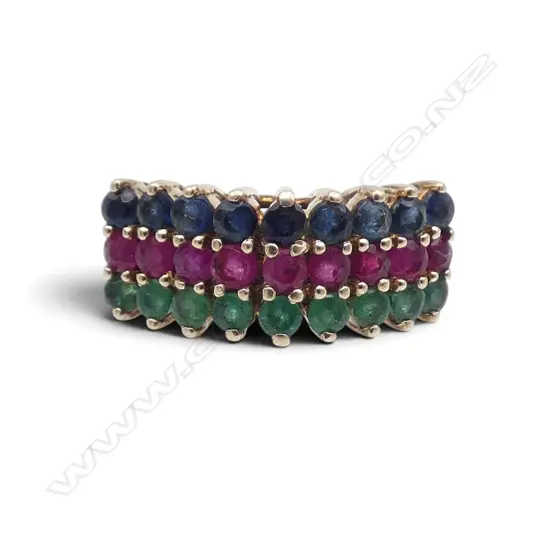 10ct GOLD EMERALD RUBY & SAPPHIRE triple band RING 3gms SIZE N