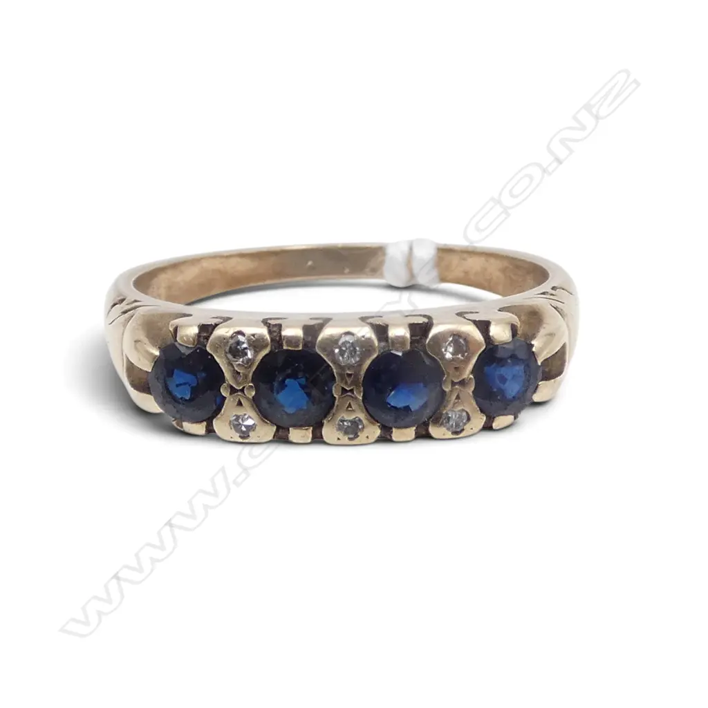 9ct YELLOW GOLD 4 SAPPHIRE + TINY DIAMOND RING wear to sides 4gms SIZE S Image 1++