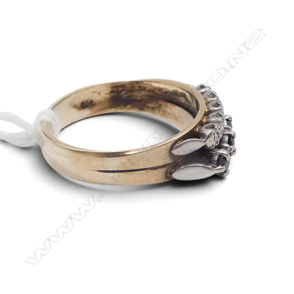 9ct YELLOW GOLD SAPPHIRE & DIAMOND dble BAND JOINED  RING 3.9gm SIZE O1/2 Image 1++
