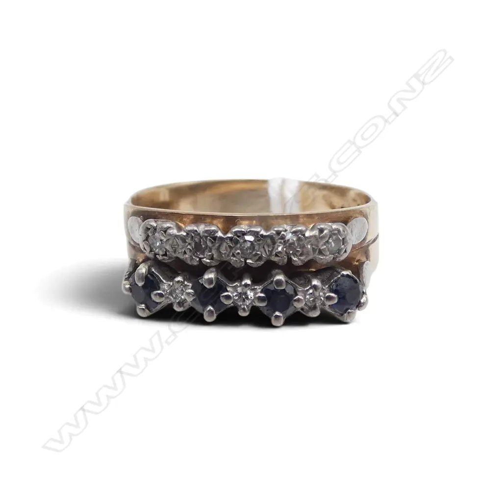 9ct YELLOW GOLD SAPPHIRE & DIAMOND dble BAND JOINED  RING 3.9gm SIZE O1/2 Image 1++
