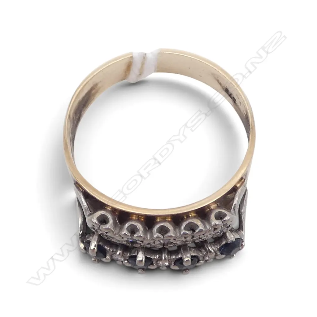 9ct YELLOW GOLD SAPPHIRE & DIAMOND dble BAND JOINED  RING 3.9gm SIZE O1/2 Image 1++