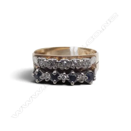 9ct YELLOW GOLD SAPPHIRE & DIAMOND dble BAND JOINED  RING 3.9gm SIZE O1/2