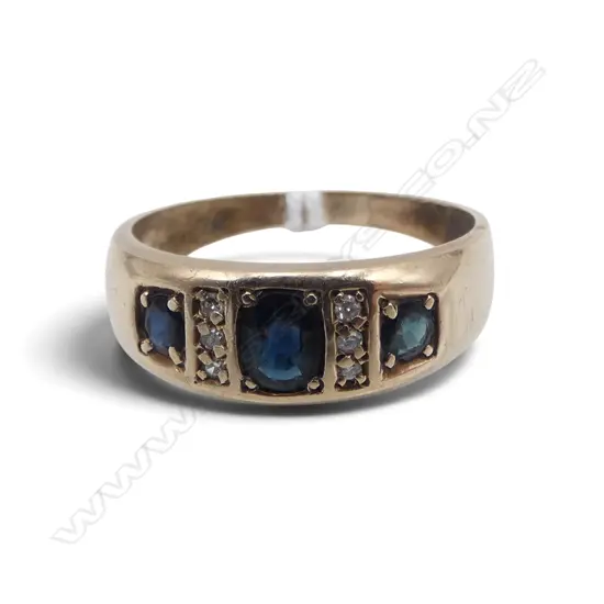 9ct YELLOW GOLD 3 SAPPHIRE (some abrassion) & tiny DIAMOND RING 3.37gms SIZE S