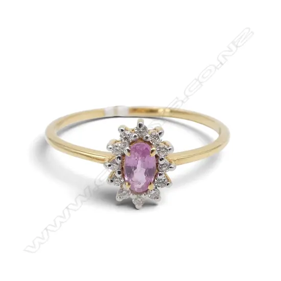 14ct GOLD DIAMOND & PINK TOURMALINE RING, 1.07gm SIZE N