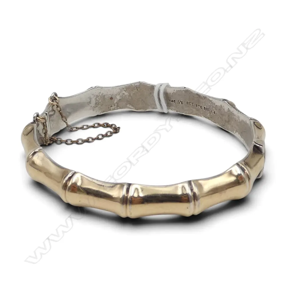 9ct GOLD ON STG SILVER HINGED BANGLE bamboo engraved form 15gms Image 1++