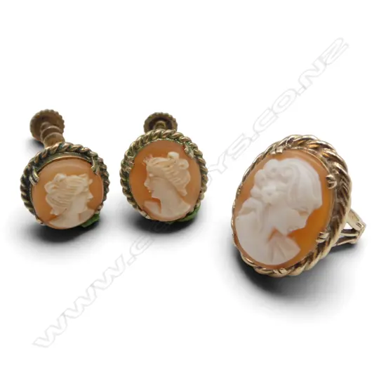 VINTAGE 9ct GOLD & CAMEO RING  size k1/2 & EARRING SET w r/gold fittings 8.48gms
