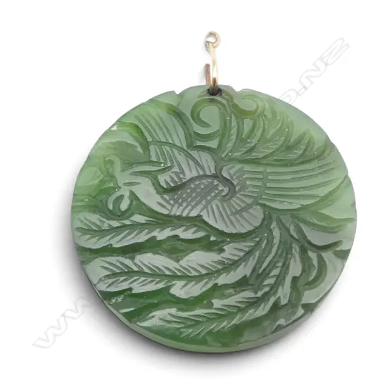 CARVED POUNAMU PENDANT w BIRD MOTIF, 9ct BAIL