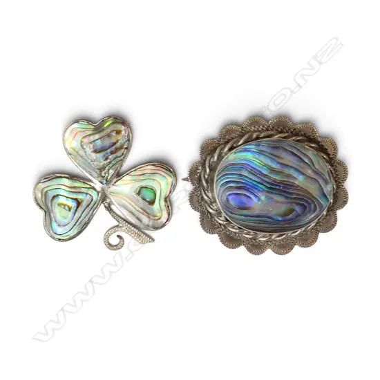 2 VINTAGE SILVER & PAUA SHELL BROOCHES the clover by Ataahua