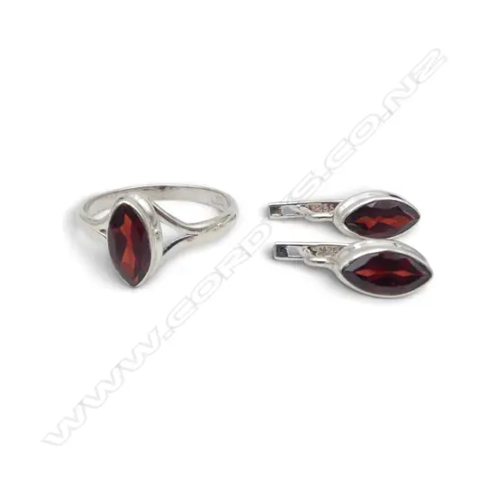 SILVER GARNET EARRING & RING SET