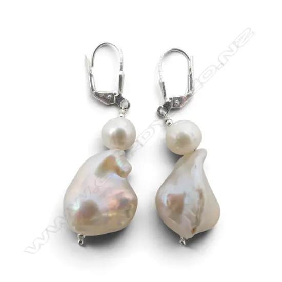 SILVER & LRG BAROQUE PEARL EARRINGS continental locks