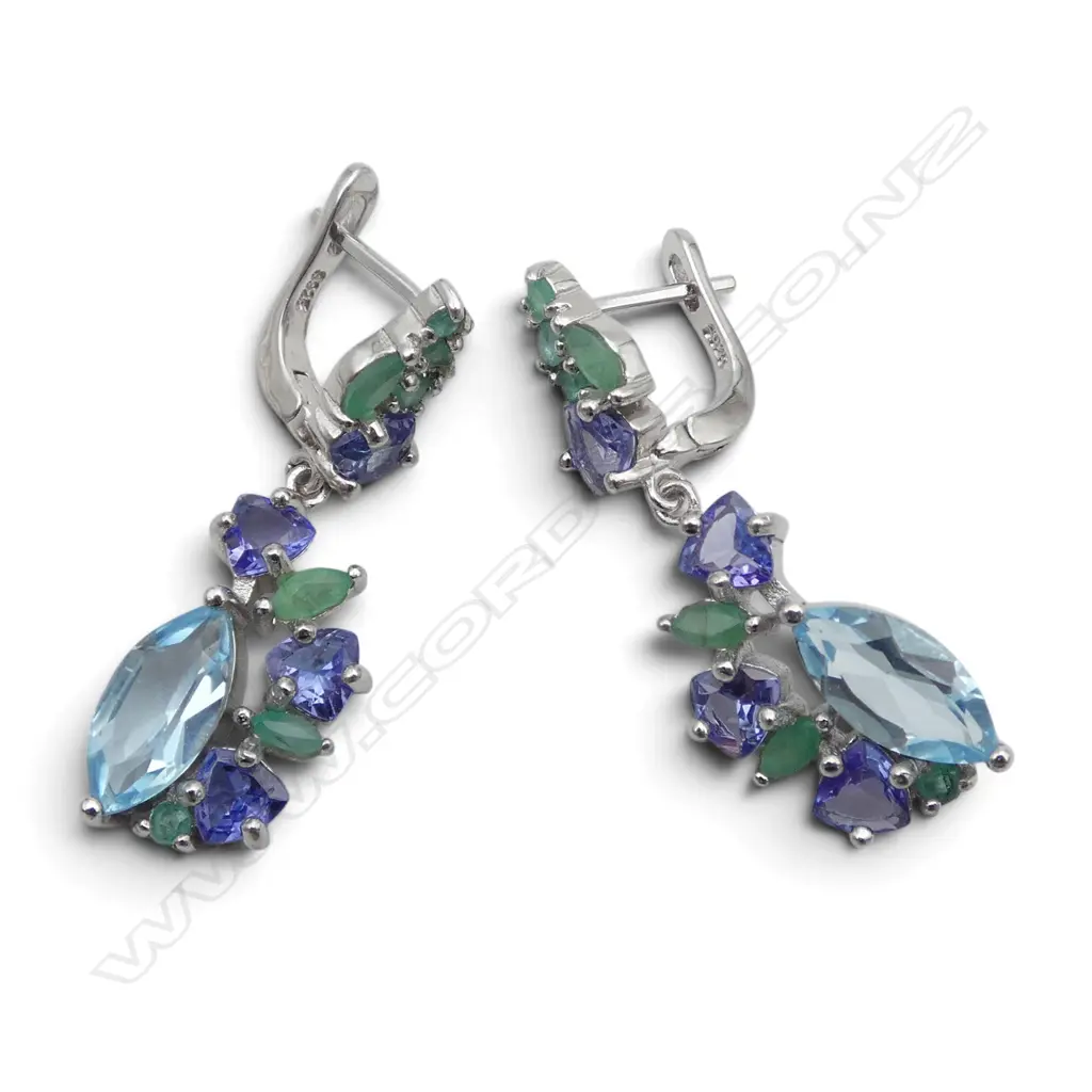 SILVER EMERALD, TANZANITE & BLUE TOPAZ EARRINGS Image 1++