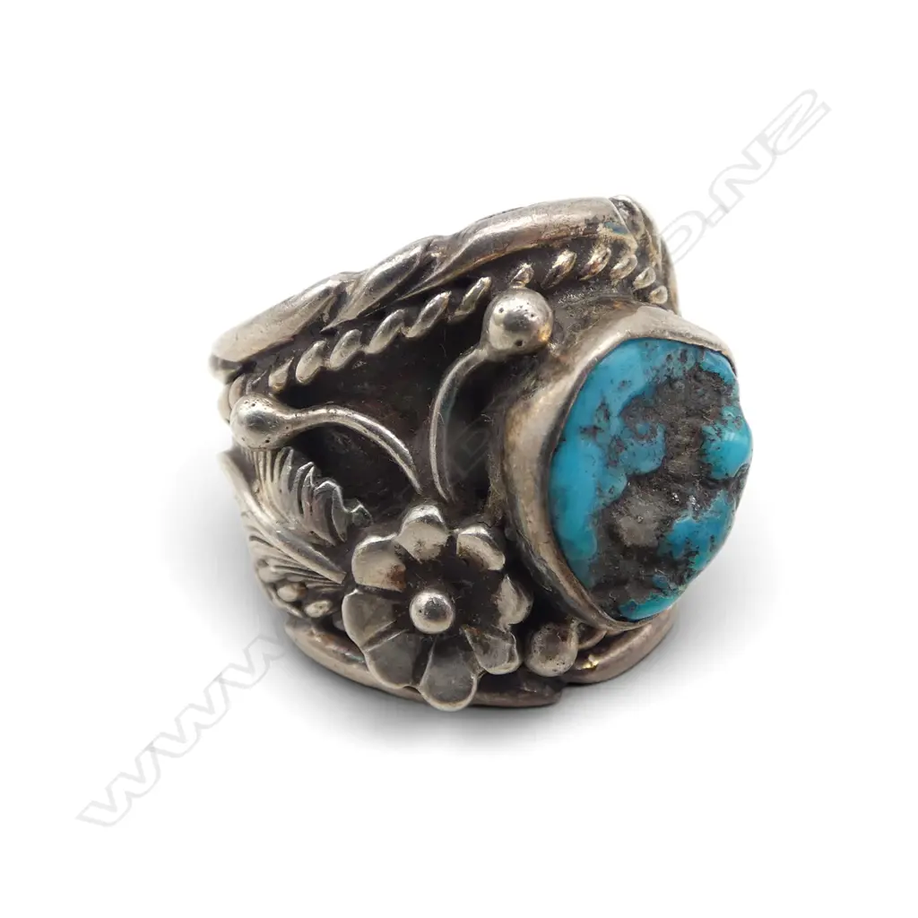 MEXICAN S/SILVER PENDANT ON S/SILVER CHAIN WITH AZTEC TOURQUOSE & SILVER RING TOTAL WIEGHT 37GMS Image 1++