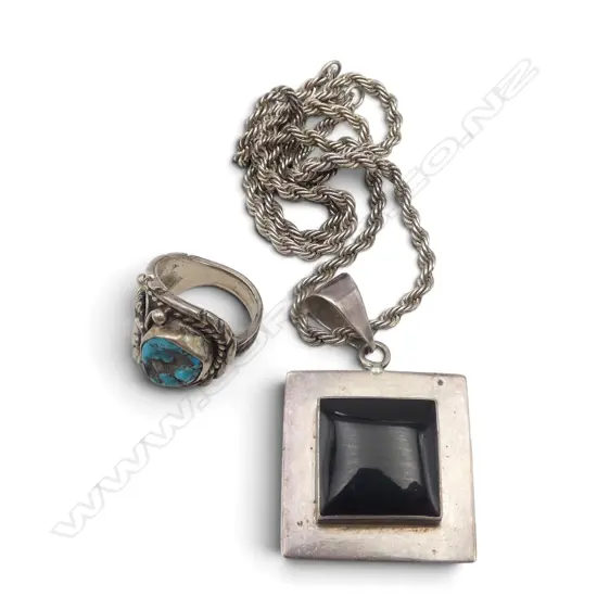 MEXICAN S/SILVER PENDANT ON S/SILVER CHAIN WITH AZTEC TOURQUOSE & SILVER RING TOTAL WIEGHT 37GMS