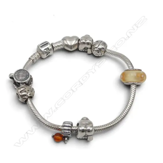 PANDORA STG SILVER BRACELET & 8 PANDORA CHARMS ‘925 ALE’