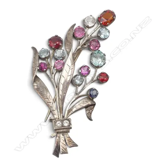 VINTAGE SILVER & MULTI COLOURED GEMSTONE FLORAL BROOCH
