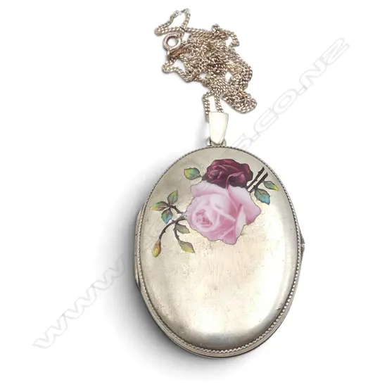 LARGE ROSE ENAMELED LOCKET ON S/SILVER CHAIN