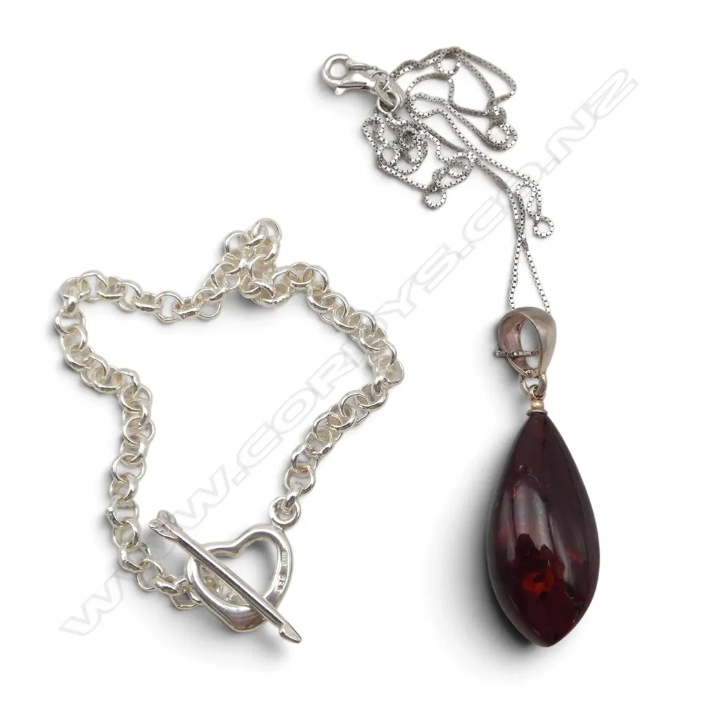 S/SILVER & AMBER PENDANT & ITALIAN S/SILVER BRACELET Image 1++