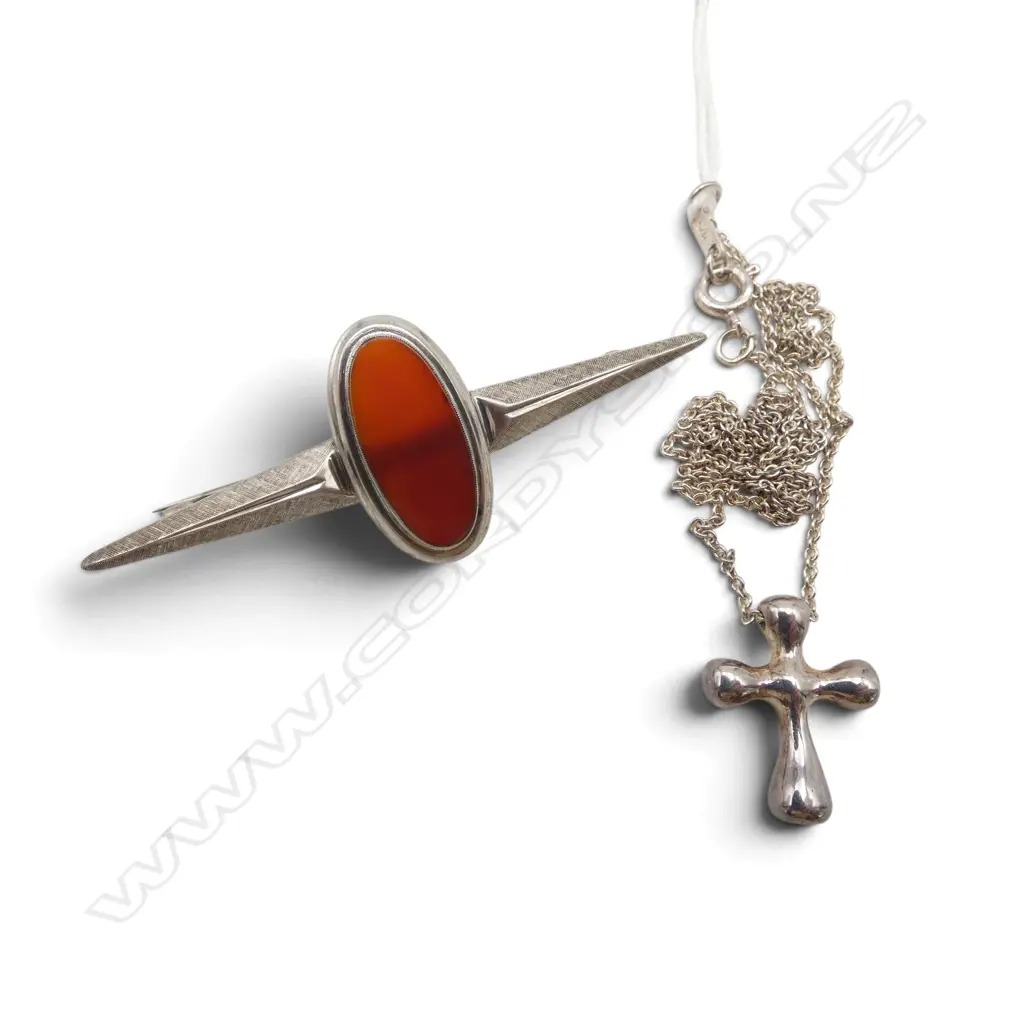 S/SILVER TIFFANY & CO CRUCIFIX ON CHAIN & DECO CORNELIAN BROOCH Image 1++