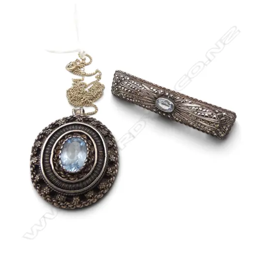 S/SILVER BLUE STONE BROOCH PENDANT ON S/SILVER CHAIN WITH S/SILVER MARQUISITE & BLUE STONE BROOCH 23GMS TOTAL WIEGHT