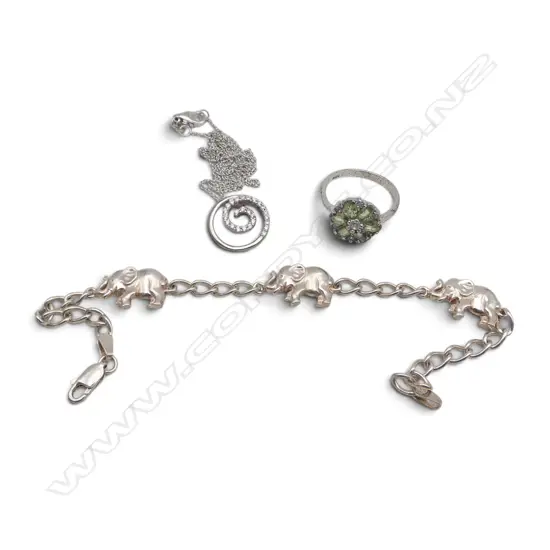 S/SILVER PENDANT S/SILVER MULTI STONE RING & S/SILVER ELEPHANT BRACELET